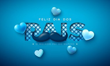 Mavi Kalp, Bıyık ve Mavi Arkaplan Metin Etiketinde Damalı Kart Tasarımı Mutlu Babalar Günü. Feliz Dia dos Pais Portekizce Sevilenler ve Sevilenler için Dil Vektörü İllüstrasyonu