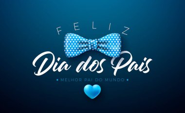 Mavi Kalp ve Mavi Fonda Papyonlu Babalar Günü tebrik kartı tasarımınız kutlu olsun. Feliz Dia dos Pais Portekizce Sevilen ve En İyi Babalar İçin Dil Vektörü İllüstrasyonu. Banner için Şablon