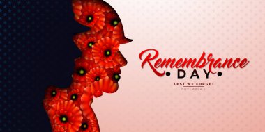 Vatansever Asker Siluetinde Kırmızı Gelincik Çiçekleri ve Temiz Arkaplan Üzerine Tipografi Mektubunu Unutmamak İçin Anma Günü Afişi Tasarımı. 11 Kasım Uluslararası Anma Günü