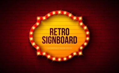 Retro Signboard Işık Kutusu Sancak Tasarımı Parlayan Ampul Çerçeve Billboardlu Klasik Tuğla Duvarı Arkaplanı. Casino Reklamcılığı için Vektör Özelleştirilebilir Marquee İmza İllüstrasyonu, Tiyatro Gösterisi