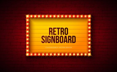 Retro Signboard Işık Kutusu Sancak Tasarımı Parlayan Ampul Çerçeve Billboardlu Klasik Tuğla Duvarı Arkaplanı. Casino Reklamcılığı için Vektör Özelleştirilebilir Marquee İmza İllüstrasyonu, Tiyatro Gösterisi