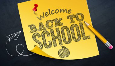 Grafik Kalemle Okul Resimlerine Dönüş Yapışkan Notlar ve El Çizimi Typography Lettering on Chalkboard Arkaplanı. Elle Çizilmiş Vektör Eğitimi, Öğrenme ve Bilgi İllüstrasyonu