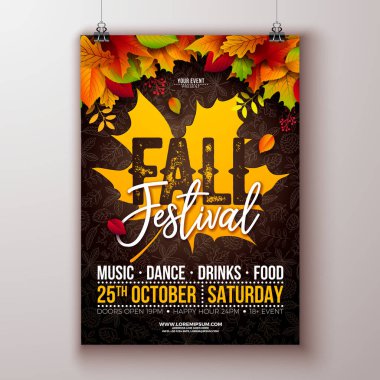 Sonbahar Festivali Parti Flyer Illustration with Falling Leaves and Typography Lettering on Hand Drawn Doodle Background. Kutlama Uçuşu, Bayrak, Davet veya Kutlama için Vektör Renkli Sonbahar Tasarımı