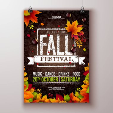 Sonbahar Festivali Parti Flyer Illustration with Falling Leaves and Typography Lettering on Hand Drawn Doodle Background. Kutlama Uçuşu, Bayrak, Davet veya Kutlama için Vektör Renkli Sonbahar Tasarımı