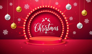 Mutlu Noeller ve Kırmızı Arkaplan 'da Ampul Billboard, Podyum ve Süslü Balo' lu Mutlu Yıllar Kartı. Süsleme Elementleri ve Typography ile Vektör Tatil Sezonu Tasarımı