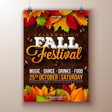 Sonbahar Festivali Parti Flyer Illustration with Colful Falling Leaves and Typography Lettering on Hand Drawn Doodle Background. Kutlama Uçuşu için Vektör Renkli Sonbahar Tasarımı, Sancak