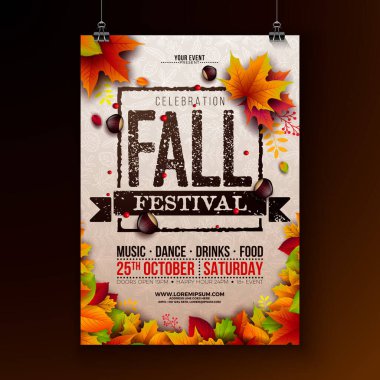 Sonbahar Festivali Parti Flyer Illustration with Falling Leaves and Typography Lettering on Hand Drawn Doodle Background. Kutlama Uçuşu, Bayrak, Davet veya Kutlama için Vektör Renkli Sonbahar Tasarımı