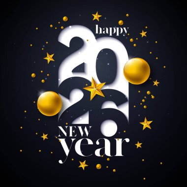Beyaz Typography Numarası ve Siyah Arkaplanda Altın Noel Balosu ile 2026 Mutlu Yıllar Kartı İllüstrasyonu. Takvim, El ilanı ve bayrak için Noel Süslemeleri ile Tatil Tasarımı