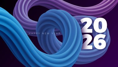 Renkli Soyut Grunge Dalgalı Efekti ve Kara Arkaplan 'da Typography Numarası ile 2026 Mutlu Yıllar İllüzyonu. El ilanı, bayrak, tebrik kartı, kutlama posteri ile Noel Tatili Tasarımı