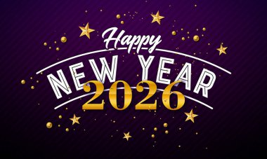 2026 Yeni Yıl Kutlama Kartı İllüstrasyonunda Beyaz ve Altın Tipografi Mektubu ve Karanlık Arkaplanda Noel Yıldızı. Takvim, El ilanı ve bayrak için Noel Süslemeleri ile Tatil Tasarımı