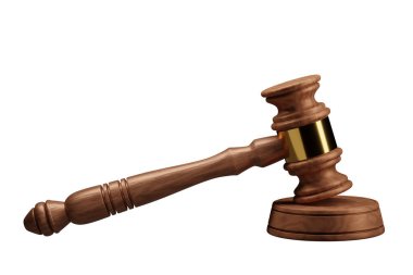 Açık arttırma için altın şarjörlü ahşap bir tokmak. Beyazda izole edilmiş. 3d hazırlayıcı.