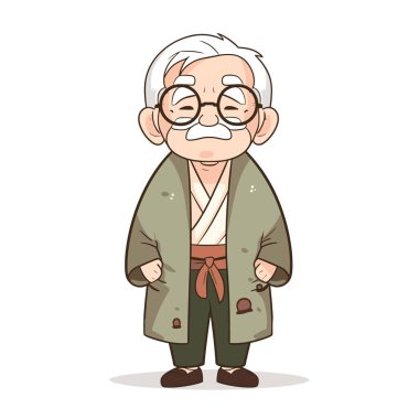 Kawaii tarzı gözlüklü ve cüppeli büyükbaba. vektör illüstrasyonu.