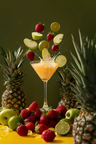 Fresh cold juice loaded with vitamins and flavours of pineapple, apple, strawberry and lime on green background