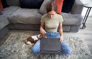 Genç bir kadın evdeki kanepenin önünde oturmuş yanında evcil bir köpekle dizüstü bilgisayarda çalışıyor.                               