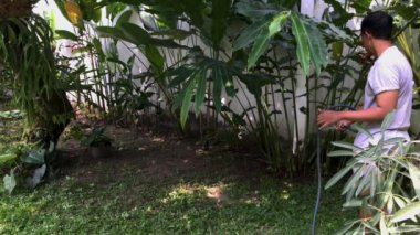 Elinde hortumla çimlerin üzerinde duran bir adam var. Adam elinde hortumla çimlerin üzerinde duruyor. Bahçe, peyzaj, açık hava aktiviteleri, yaz konseptleri, su koruma ve çevre temaları için elverişli.