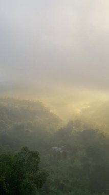 Misty Mountain Gün Doğumu. Altın güneş ışığı sisli bir sisi delip geçer, sakin bir vadi manzarasını gözler önüne serer.