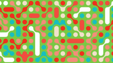 Yeşil zemin üzerinde canlı renkler olan soyut geometrik tasarım. Arkaplan, dijital sanat, ambalaj ve baskı materyalleri için ideal.