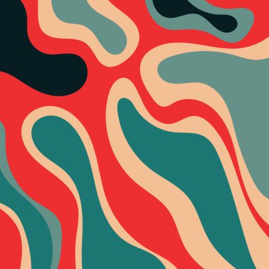 Kırmızı, turuncu, yeşil, siyah dalgalı şekilli soyut bir arkaplan. Modern grafik tasarım projeleri, posterler ve dijital sunumlar için uygundur.