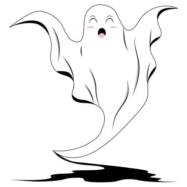 Ağzı açık ve yanakları kızaran beyaz bir hayalet. Ürkütücü Cadılar Bayramı karakteri, şirin hayalet tasarımı, eğlenceli tatil konsepti, şenlikli dekorasyonlar..