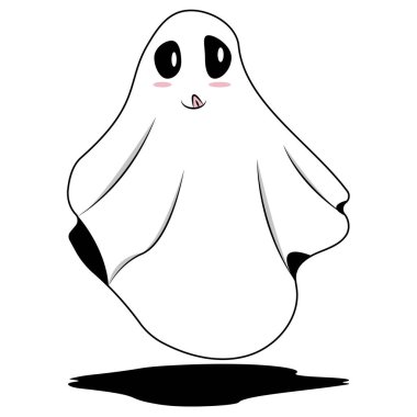 Siyah gözlü ve dili dışarı çıkmış beyaz bir hayalet, Cadılar Bayramı tasarımları için mükemmel, ürkütücü grafik unsurlar, perili ev dekorasyonları.