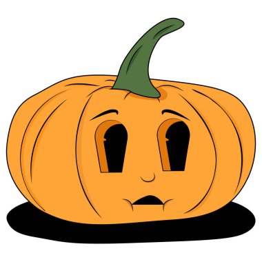 Yeşil saplı ve üzgün yüzlü turuncu balkabağı. Cadılar Bayramı dekorasyonları, sonbahar temalı tasarımlar, tebrik kartları veya sosyal medya paylaşımları için uygundur.