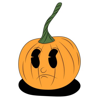 Yeşil saplı balkabağı, siyah gözlü üzgün bir yüz tasvir ediyor, Cadılar Bayramı temalı tasarımlar veya sonbahar süslemeleri için uygun.