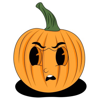 Yeşil saplı turuncu balkabağı ve şaşırmış yüz. Cadılar Bayramı süslemeleri, sonbahar festivali posterleri, mevsimlik sosyal medya paylaşımları, sonbahar temalı tasarımlar.