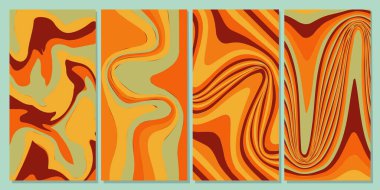 Turuncu, sarı ve kahverengi kıvrımlı dört soyut tasarım. Arkaplan, marka, ambalaj ve sıcak renk şemaları ile dekorasyonlar için uygun..