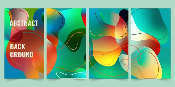 Renkli soyut şekiller, çizgiler ve metin içeren dört dikey poster. Modern sanat sergileri, reklamlar veya web siteleri için uygundur..