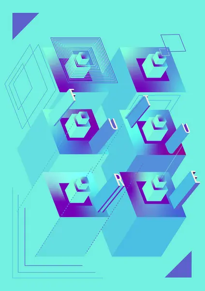 Mavi ve mor geometrik şekiller ve gelecekle ilgili kelimeler. Teknoloji kavramları, fütüristik tasarımlar, bilim kurgu temaları ve yenilik projeleri için uygundur..