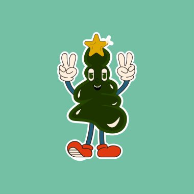 Kolları ve bacakları kırmızı ayakkabılar giyen ve barış işareti yapan neşeli bir Noel ağacı karakteri. Eğlence için mükemmel, neşeli Noel tasarımları.