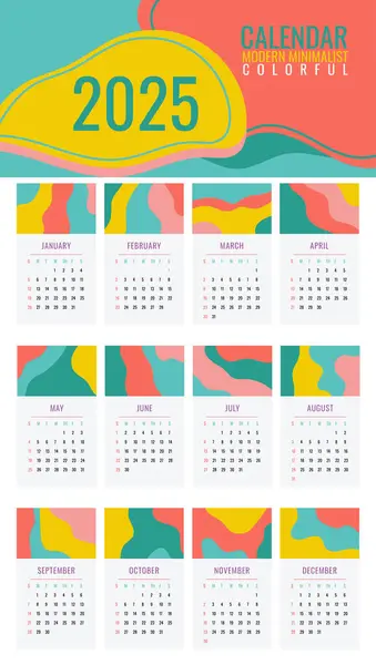 Renkli organik şekillere sahip modern minimalist tasarımı olan 2025 takvimi. Hafta pazar günü başlıyor. Zaman, planlama ve planlama konsepti. Düz dizayn. Bu ay için çıkarılabilir takvim.