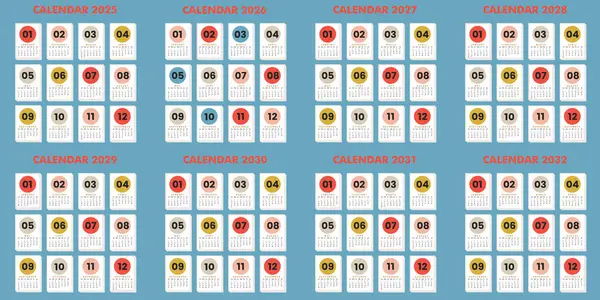 2025 'ten 2032' ye kadar sekiz yıllık minimalist takvim tasarımı ve renkli dairesel ay başlıkları. Organizasyon kavramı. Düz tasarım.