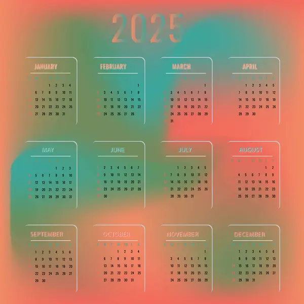 2025 takvim tasarımı canlı ve renkli bir arkaplan içeriyor. Hafta pazar günü başlıyor. Düz dizayn. Aylık çıkarılabilir takvim. Vektör illüstrasyonu