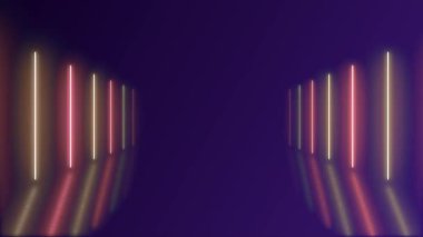 Parlak neon dikey çizgileri ve yansıtıcı zemini olan hareketli mor arkaplan. 4K döngüsü, modern ve gelecekçi görseller için mükemmel.
