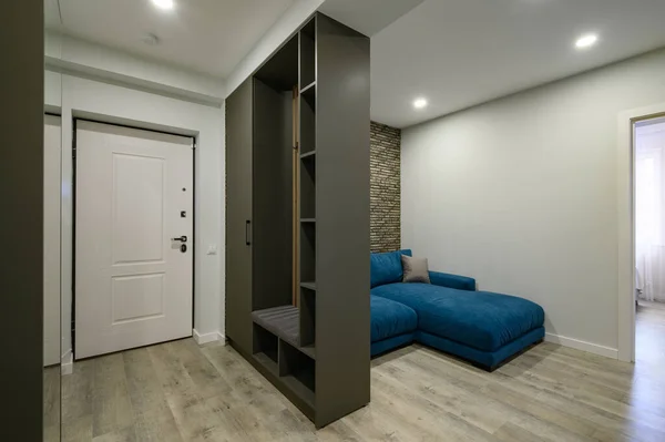Vstupní Hala Připojená Malému Modernímu Obývacímu Pokoji Velkou Modrou Pohodlnou — Stock fotografie