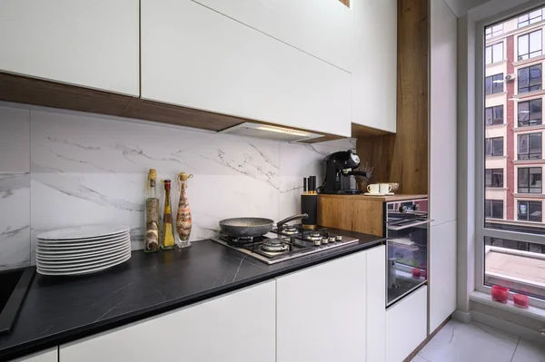Bílé Černé Luxusní Moderní Kuchyňské Detaily Detailní Pracovní Deska Troubou — Stock fotografie