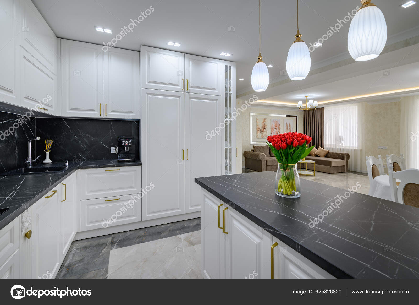 Grande Cozinha Moderna Bem Desenhada Preta Branca Cara Interior Estúdio  fotos, imagens de © starush #625826820