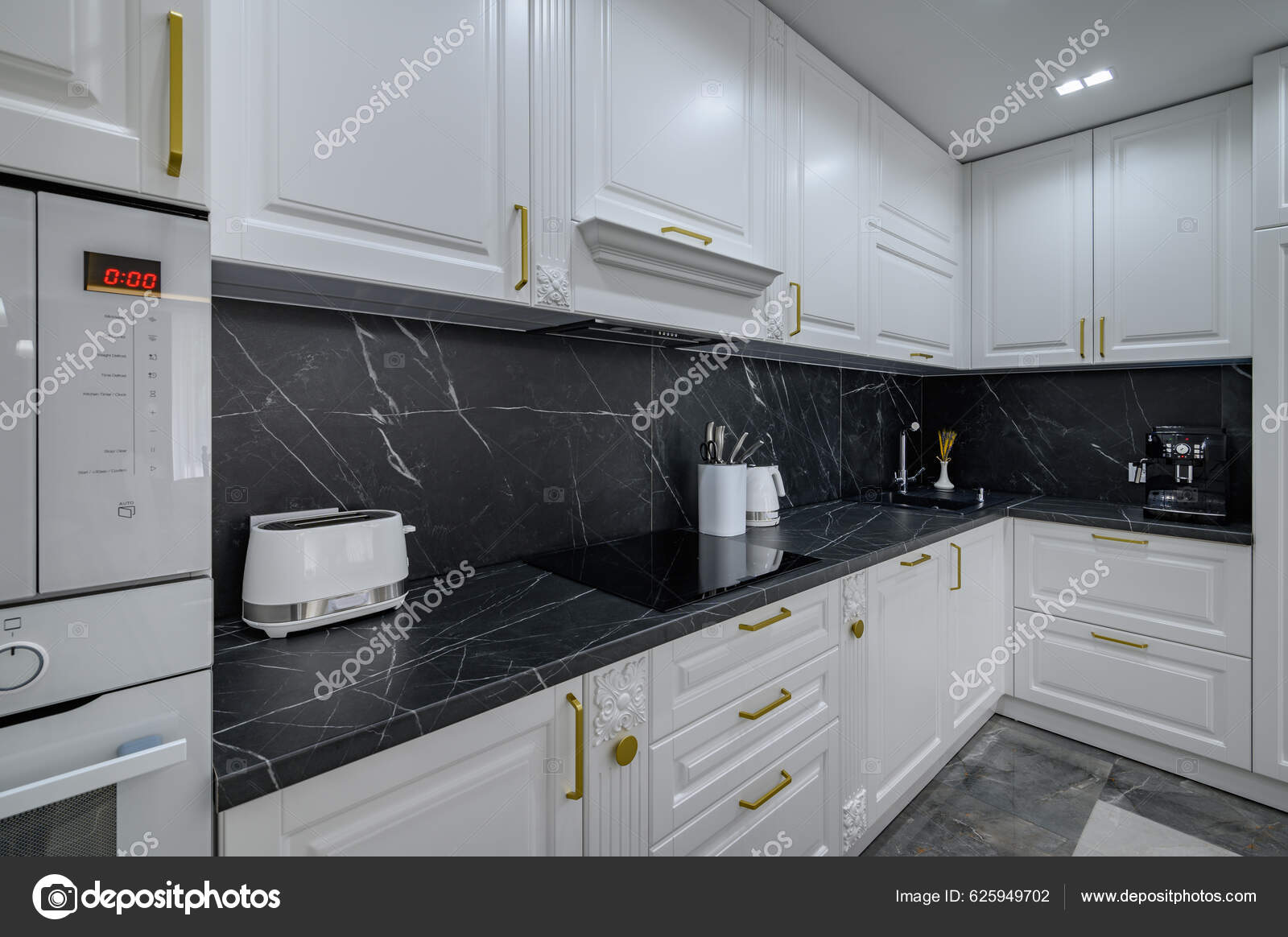 Fehér Luxus Nagy Modern Háztartási Konyha Bútorok Fekete Márvány Munkalap —  Stock Fotó © starush #625949702