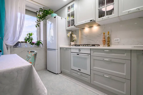 Yeni Açık Gri Modern Iyi Tasarlanmış Mutfak Yenilemeden Sonra — Stok fotoğraf