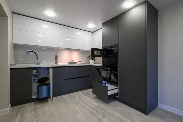 Showcase Interior Modern Simple Dark Grey White Kitchen Drawers Retracted — Stock Fotó