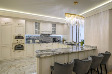 Açık fikirli stüdyo daire. Klasik krem rengi mutfağı var. Akşam yemeği için ada yiyor.