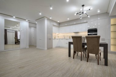 Beyaz, yeni, iyi tasarlanmış beyaz mutfak stüdyo dairesi yenilendikten sonra.