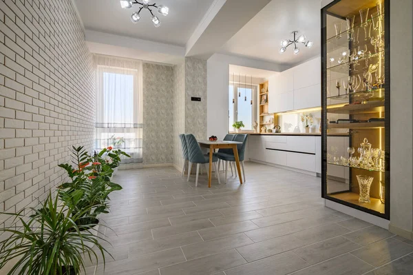 Ein Schickes Weißes Studio Apartment Mit Einer Küche Die Alle — Stockfoto