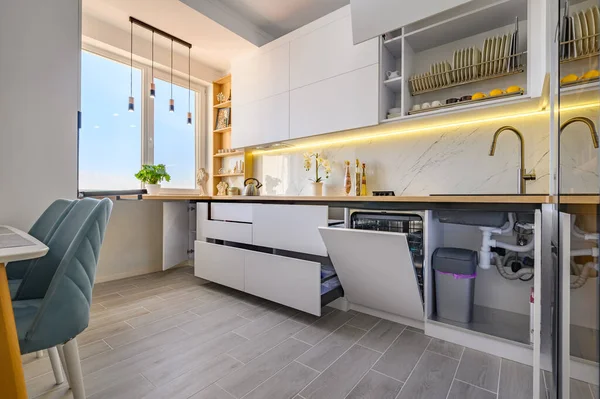 Modern Trendy White Kitchen Drawers Pulled Out Full Length — Photo