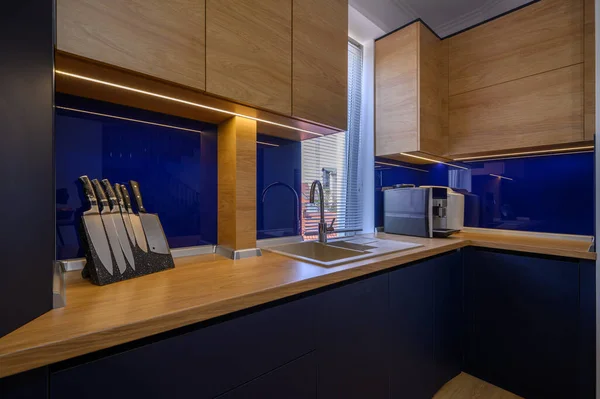 Details Blue Wood Colored Kitchen Closeup Kitchen Counter — Foto Stock