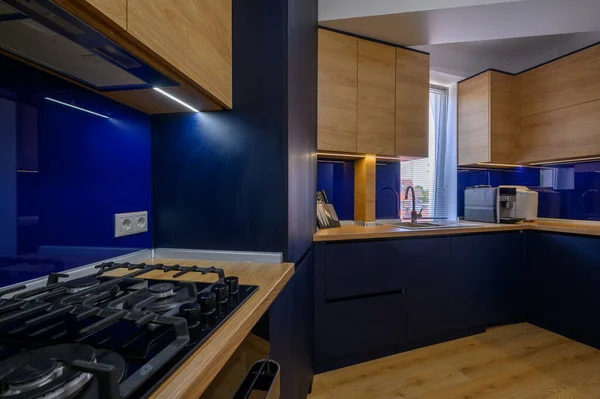 Details Blue Wood Colored Kitchen Close Seup Kitchen Counter — стоковое фото