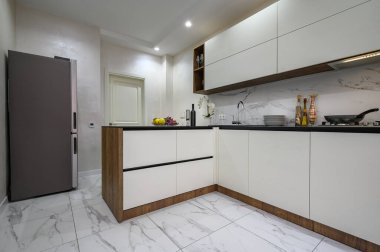 Large black and white luxury kitchen interior, corner view, lot of copy space