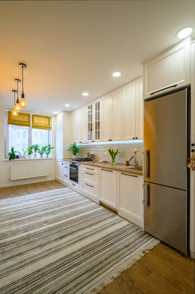 Details Cozy Well Designed Modern Kitchen Interior Striped Carpet Decorative — Stock Photo, Image
