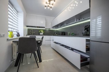 Luxurious modern trendy white and grey kitchen interior after renovation, with granite counter top